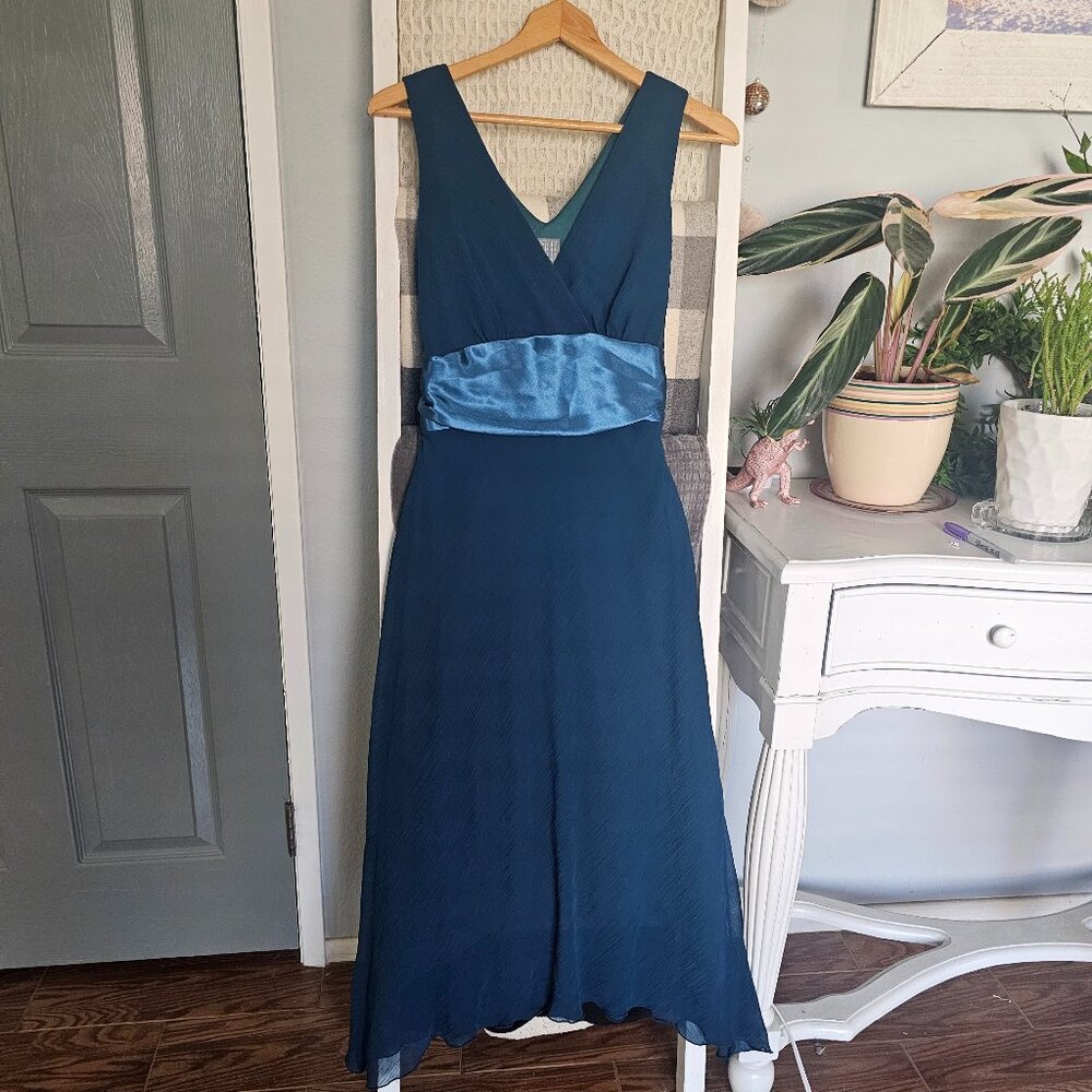 Rabbit Rabbit Rabbit Designs Teal Chiffon Maxi Dress | Sz Small | Satin Tie Back